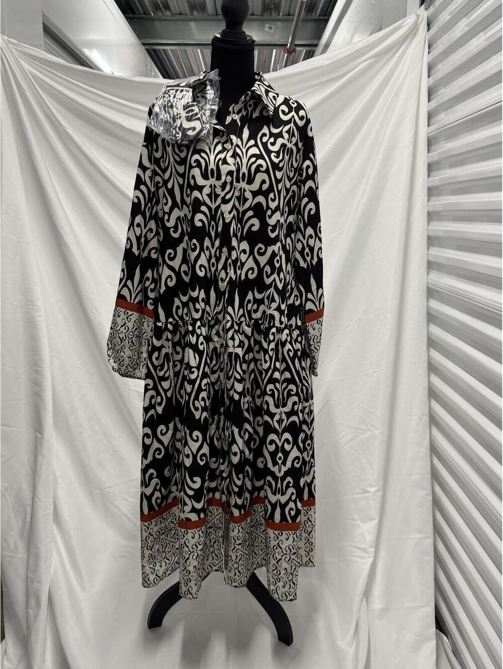 Black and White Patterned Long Sleeve Midi Dress with Orange Accents